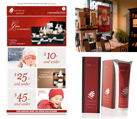 Escents email blast, store signage and Christmas featured product